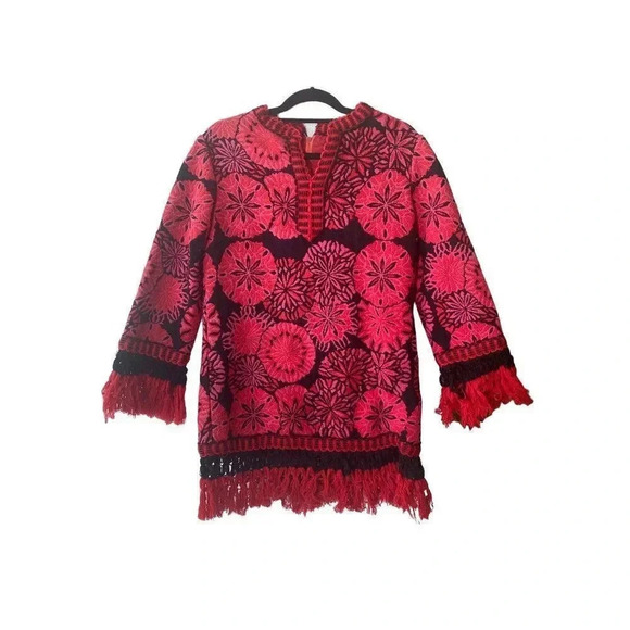 Hand-Made Artisan Crafted Micro Embroidered Red & Black Fringed Tunic Dress - Picture 1 of 16